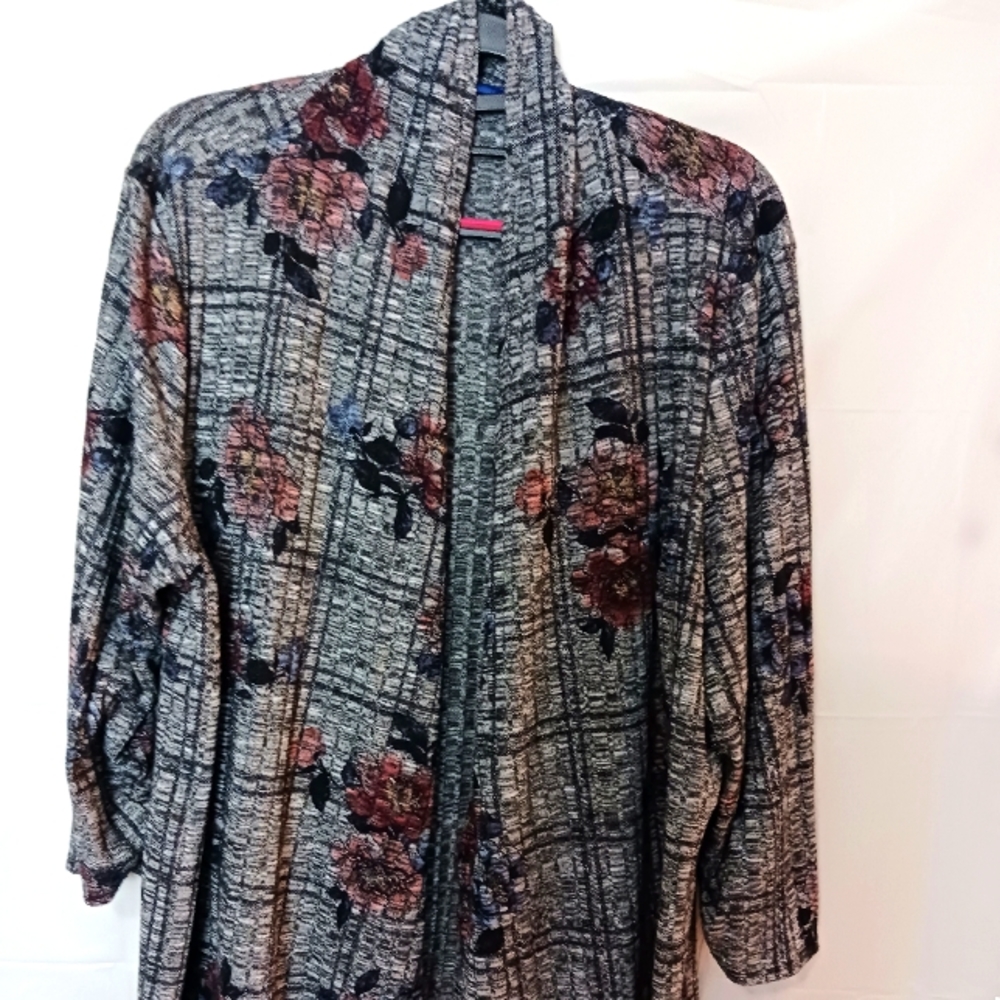 Apt.9 Sweater open front floral Blue and Red flower Danity black and Grey
